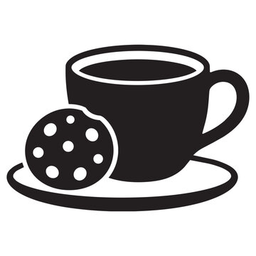 Black and White Vector Icon of Coffee Cup with Saucer and Bitten Cookie