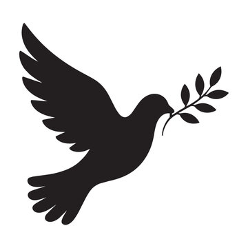 Black silhouette vector illustration of a flying dove carrying an olive branch