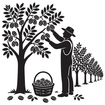 Black and white silhouette vector illustration of a farmer harvesting fruit in an orchard