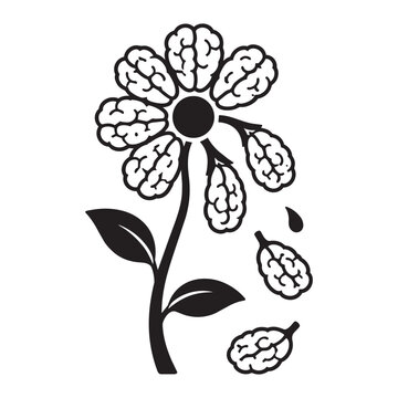 Black and White Vector Illustration of Flower with Brain Petals Falling Off