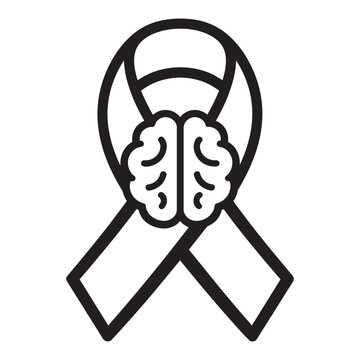 Mental health awareness ribbon with human brain line art vector icon