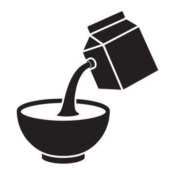 Black and white vector icon of milk carton pouring liquid into a bowl