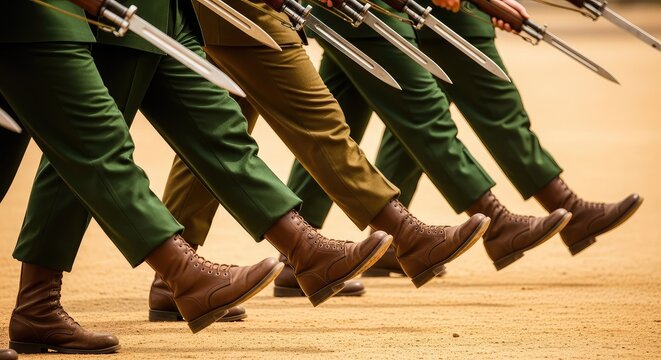 Rhythmic motion of leather boots marching in synchronization while sun glints off polished steel bayonets attached to long wooden rifles, sunlight, movement, reflection
