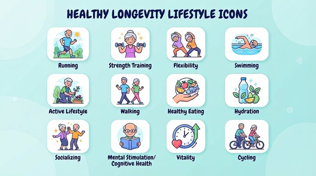 Collection of healthy lifestyle icons for seniors and active living