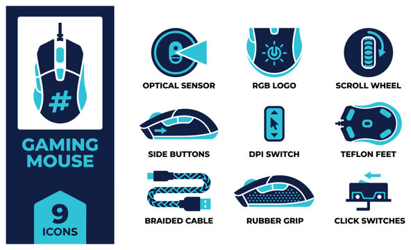 Gaming mouse icons featuring optical sensor RGB logo scroll wheel and side buttons.