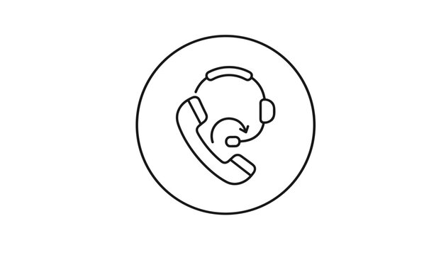 Customer support service hotline icon showing phone receiver and call center headset inside a thin black circle.