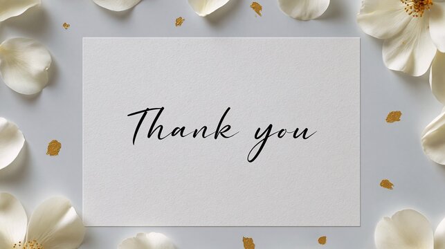 Elegant handwritten thank you note surrounded by delicate white petals and gold accents on a soft background