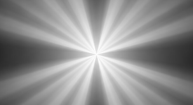 Abstract grayscale radial burst with bright white central light source and symmetrical rays extending to the edges on a dark gray gradient background for professional design use.