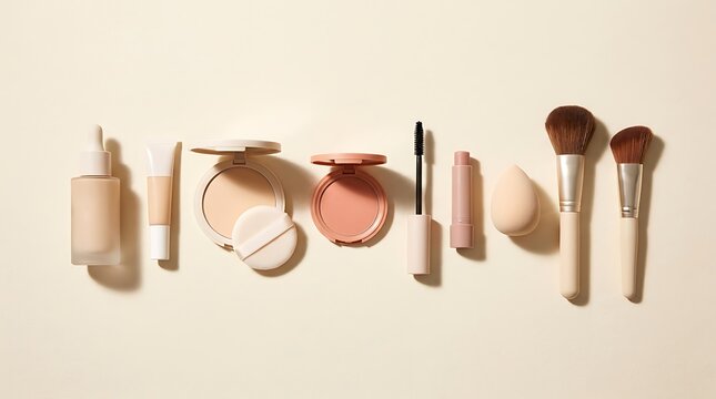 Set of professional makeup beauty products and cosmetic brushes arranged on a light beige background. basic cosmetics guide