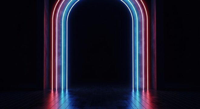 Vertical neon archway with triple layers of blue and red glowing light tubes reflecting on a dark polished floor inside a minimalist architectural room with textured concrete walls.