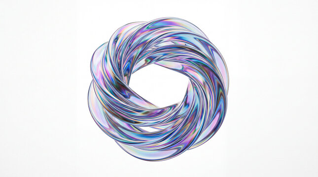 Abstract 3D render of a twisted holographic glass knot or iridescent torus ring isolated on a white background, representing futuristic design, fluid motion, and modern cyberpunk art concept.