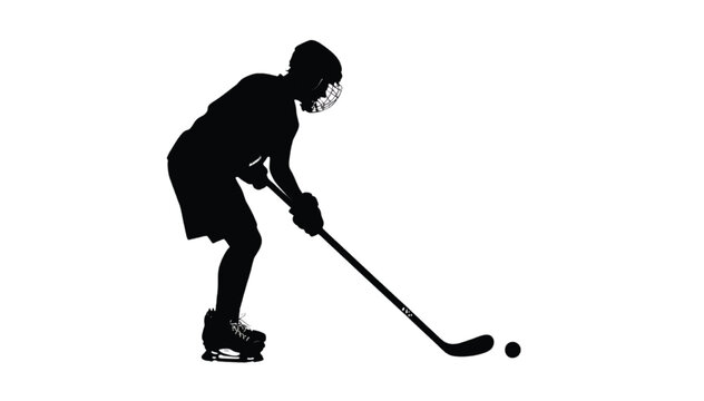 Hockey player in a full stance holding a stick prepares to strike the puck while wearing protective gear on an isolated white background, capturing the intensity and motion of professional sports.