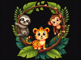 Naklejka premium Cute jungle animals frame with baby tiger sloth and monkey surrounded by tropical leaves. Adorable safari animal illustration for kids t-shirt design apparel print and nursery graphic.