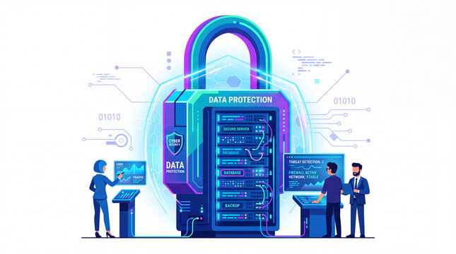 Modern flat vector illustration of data protection concept with engineers monitoring a large server rack secured inside a giant padlock, representing cyber security and cloud network database safety.