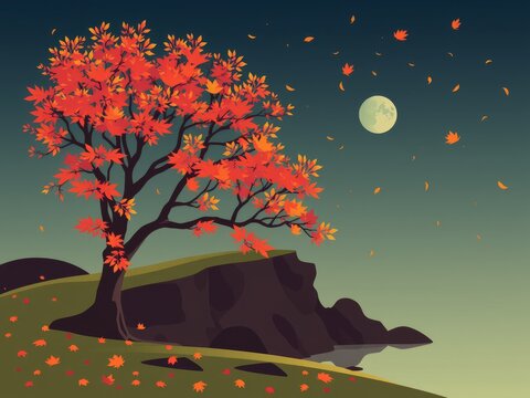 A tree with red leaves on a hill overlooking water under a full moon with falling leaves around it