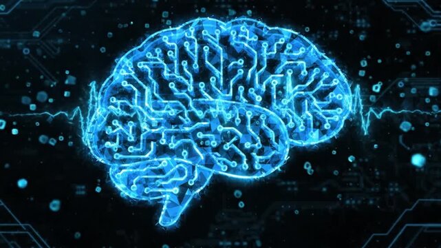 Brain Illustration with Glowing Blue Circuitry and Digital Wave