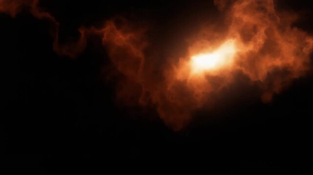Bright orange light explosion and glowing energy clouds in dark space