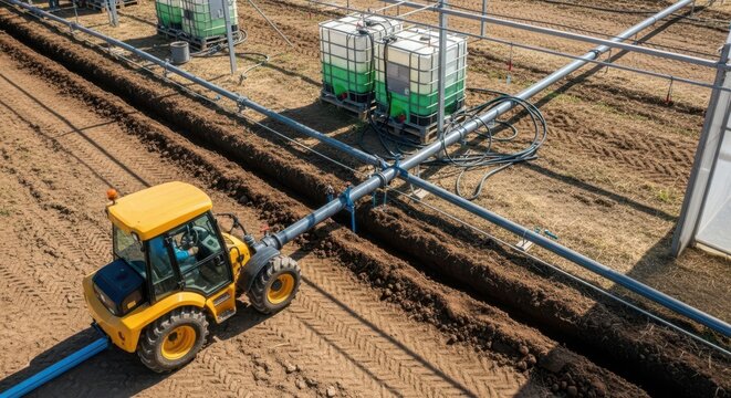 Yellow tractor working on constructing an automated drip irrigation pipeline system in a farm field