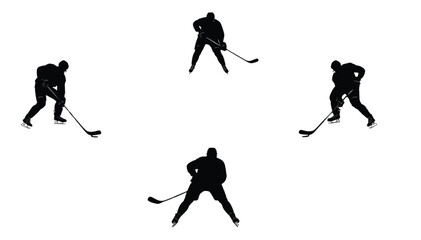 Naklejka premium Ice hockey skaters are illustrated as minimalist black silhouettes moving across a plain white surface, creating a versatile graphic resource for banners, sports advertisements, and web design.