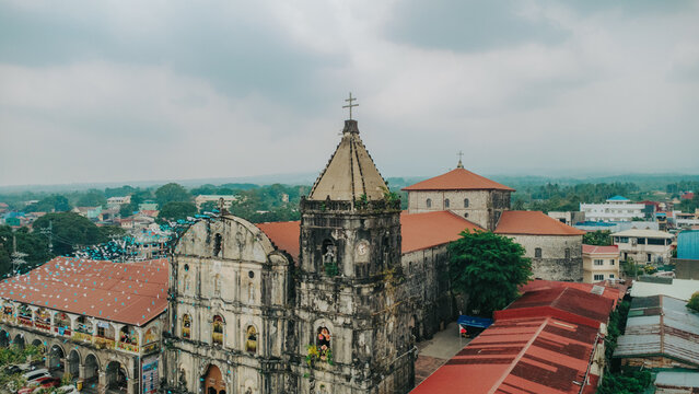Aerial view of Tayabas Basilica stone church facade and bell tower in Quezon Province, Philippines