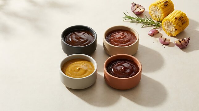 Four small bowls with different colorful sauces and grilled corn on the cob with rosemary herbs. BBQ condiment ideas