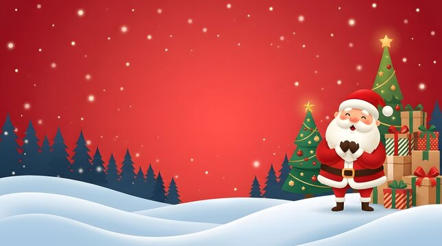 Wide horizontal banner of Santa Claus standing in a snowy landscape surrounded by fir trees and presents with a vibrant red luminous sky.