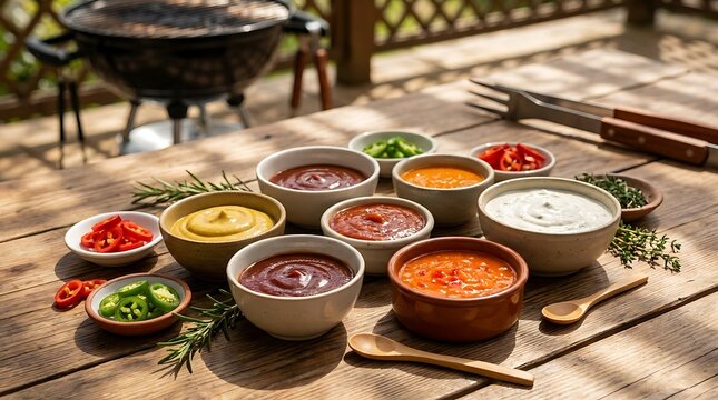 Various colorful sauces in small bowls on a wooden table outdoors for a summer barbecue party. BBQ condiment ideas