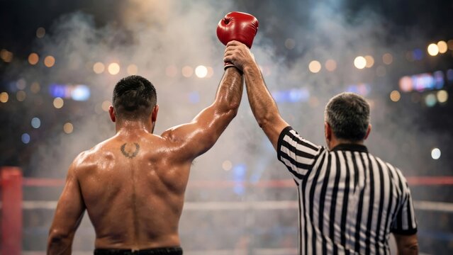 Referee raising a boxer's arm in victory in the ring.