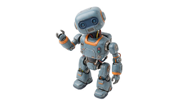 Retro futuristic robot character, blue humanoid toy bot with orange accents, friendly mechanical android isolated on white background