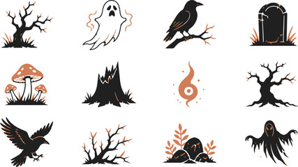 Naklejka premium Halloween spooky icon set with ghosts trees and ravens