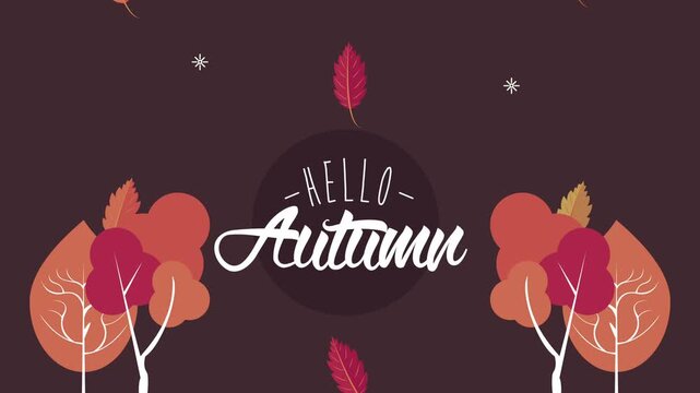 Hello autumn animation with falling leaves and forest trees in flat cartoon style.
