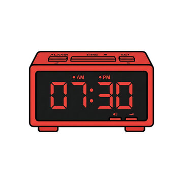 Red digital alarm clock showing seven thirty am with top control buttons in a flat illustration style