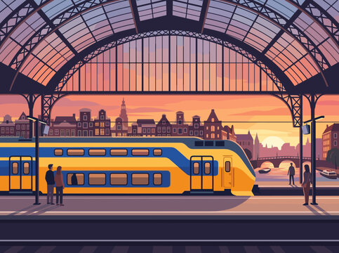 Flat vector illustration of a modern yellow and blue double-decker commuter train at a railway station platform during sunset with a European cityscape, canal, and arched glass roof.