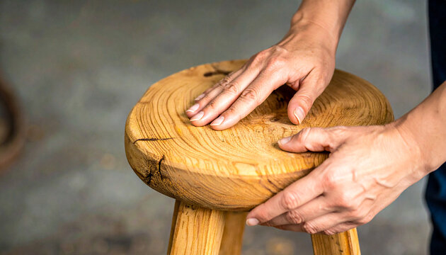 Hands Sanding a Round Wooden Stool Seat in a Traditional Workshop
工房で丸い木製スツールの座面を手作業で磨く職人の手元