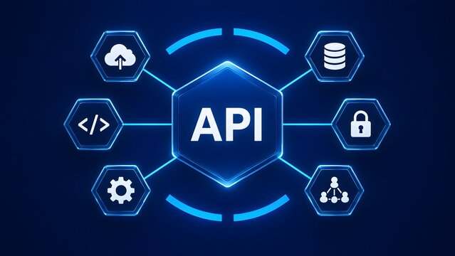 Glowing application programming interface concept with cloud database security and development networking icons