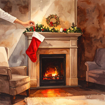 Christmas fireplace holiday mantel stocking wreath fire living room Christmas fireplace with decorated mantel, red stocking, glowing fire, and festive wreath creating warm holiday atmosphere cozy