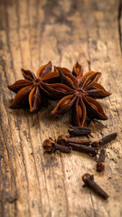 Fototapeta premium Star anise and clove spice arranged on rustic wooden surface, creating warm aromatic still life with natural texture and culinary appeal
