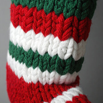 Red green and white knitted textile create festive striped pattern with soft wool texture, cozy holiday warmth, and detailed handmade craftsmanship in close up view