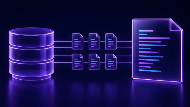 Database server integration concept with glowing purple network lines connecting multiple digital files into one master document for centralized storage