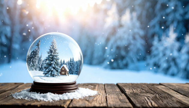 Snow globe with cabin and evergreen forest on rustic wooden table in winter landscape