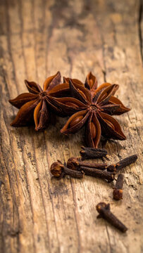 Star anise and clove spice arranged on rustic wooden surface, creating warm aromatic still life with natural texture and culinary appeal
