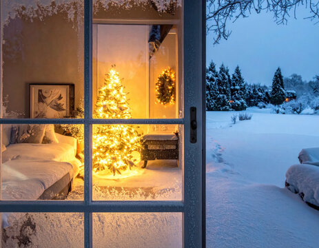 Snowy window view with glowing Christmas tree and wreath beside quiet winter garden, creating warm holiday atmosphere indoors and peaceful scene outdoors at twilight