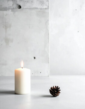 White candle and pine cone on minimalist concrete surface create calm Christmas still life with warm light and rustic texture