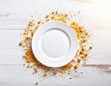 White plate spice powder flour white wood food background