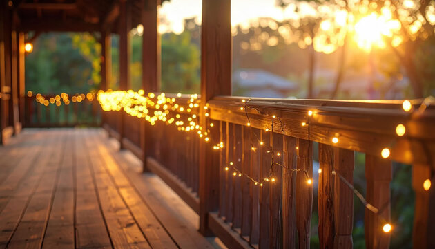Wooden porch with glowing string light at sunset creates warm festive Christmas atmosphere for seasonal celebration and peaceful evening relaxation