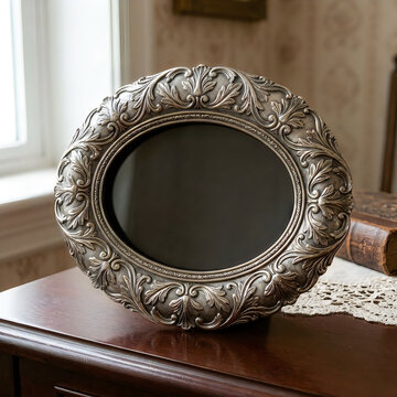 Vintage oval silver picture frame on a table