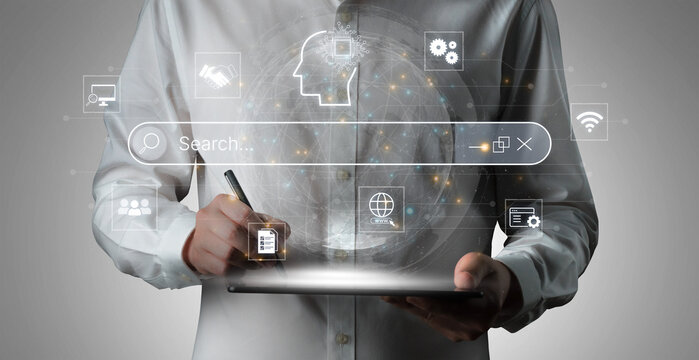 Artificial intelligence AI search concept enabling smarter discovery, recommendations to digital services and knowledge. Generative AI search engine algorithm provide user intent result. Corpus