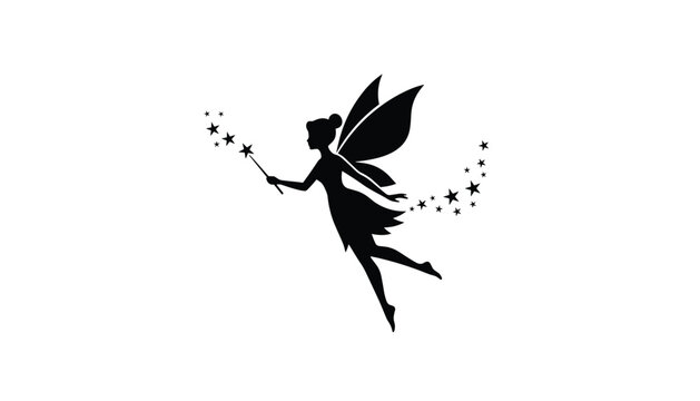 Black silhouette of a flying fairy holding a magic wand and leaving a trail of sparkling stars is isolated on a white background.