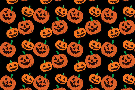 Seamless halloween pattern with carved orange jack o lantern pumpkins on black