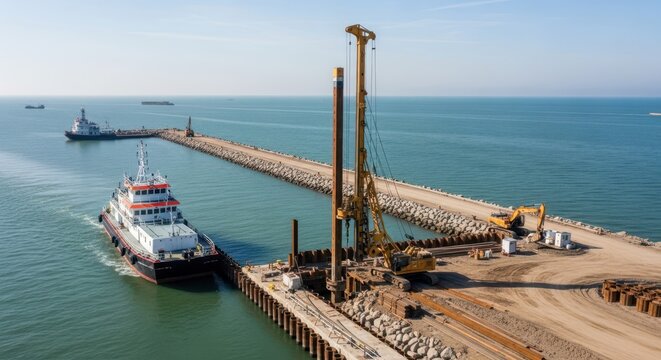 Massive pile driver machine operates on a large construction pier next to a docked ship and breakwater